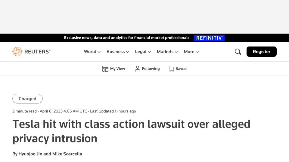 Screenshot of reuters.com: Tesla hit with class action lawsuit over alleged privacy intrusion
