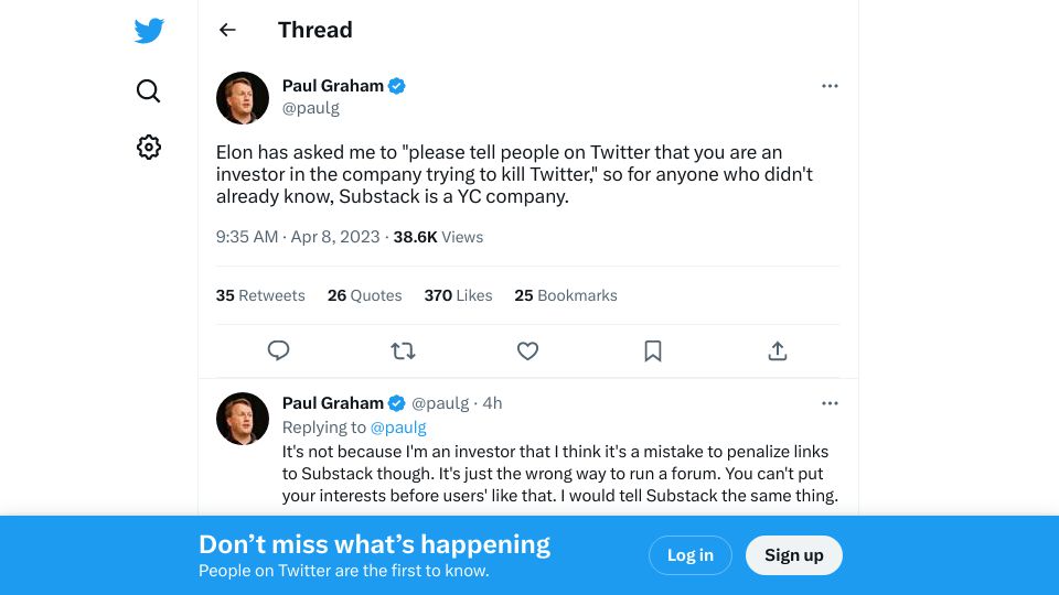 Screenshot of twitter.com: Paul Graham is an investor in the company trying to kill Twitter