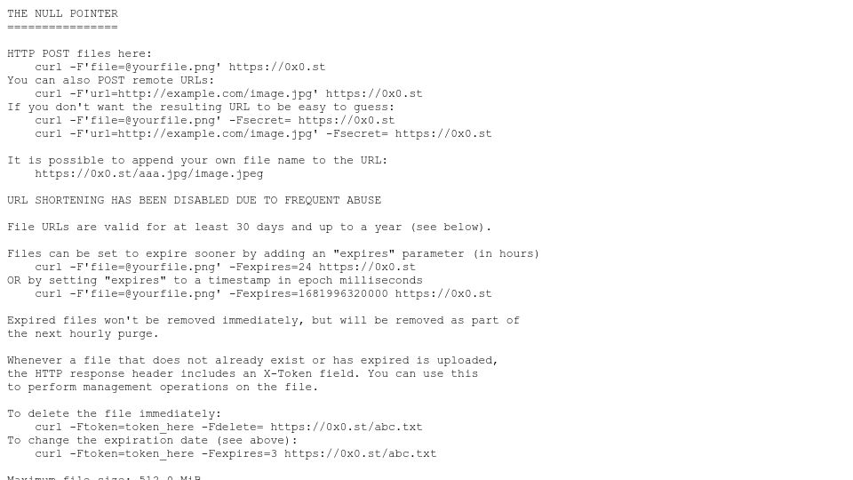 Screenshot of 0x0.st: 0x0: Share Files from Terminal