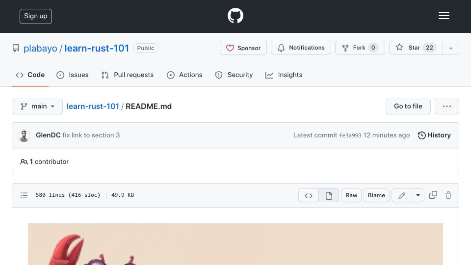 Screenshot of github.com: Show HN: Learn Rust 101 – A guide to aid your journey of becoming a Rustacean