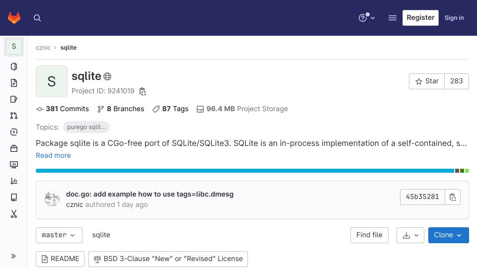 Screenshot of gitlab.com: Go port of SQLite without CGo