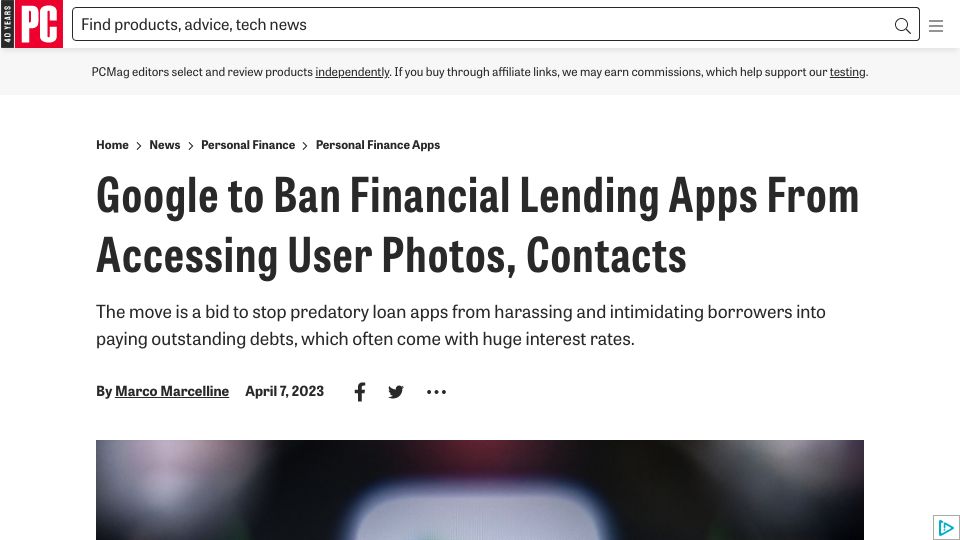 Screenshot of pcmag.com: Google to ban financial lending apps from accessing user photos, contacts