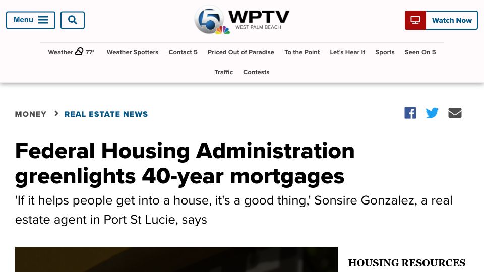 Screenshot of wptv.com: Federal Housing Administration greenlights 40-year mortgages