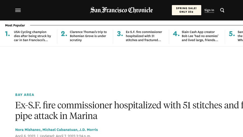 Screenshot of sfchronicle.com: Ex-S.F. fire commissioner with fractured skull after metal pipe attack