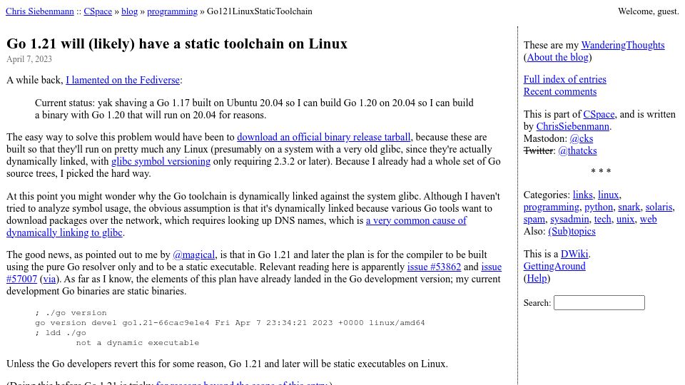 Screenshot of utcc.utoronto.ca: Go 1.21 will (likely) have a static toolchain on Linux