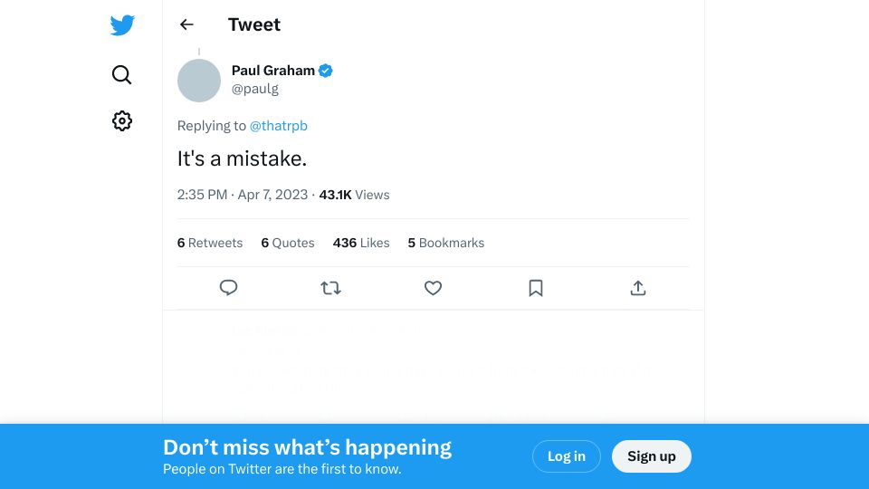 Screenshot of twitter.com: Paul Graham on Twitter's anti-Substack measures: “It's a mistake.”