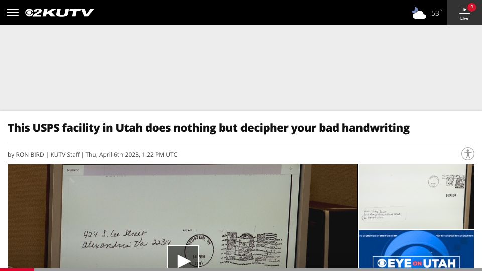 Screenshot of kutv.com: USPS facility in Utah does nothing but decipher handwriting