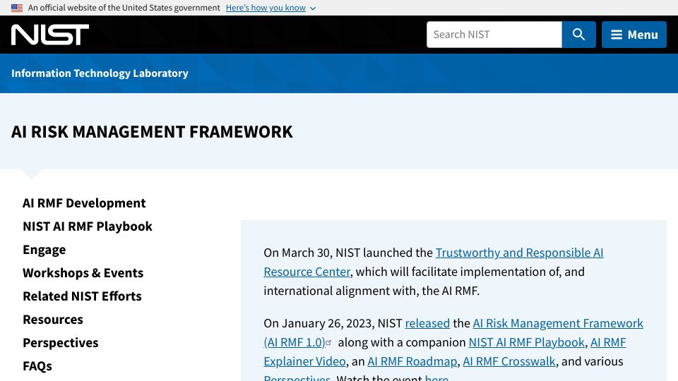 Screenshot of nist.gov: NIST AI Risk Management Framework