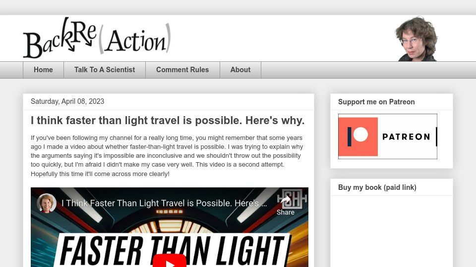 Screenshot of backreaction.blogspot.com: I think faster than light travel is possible [video]