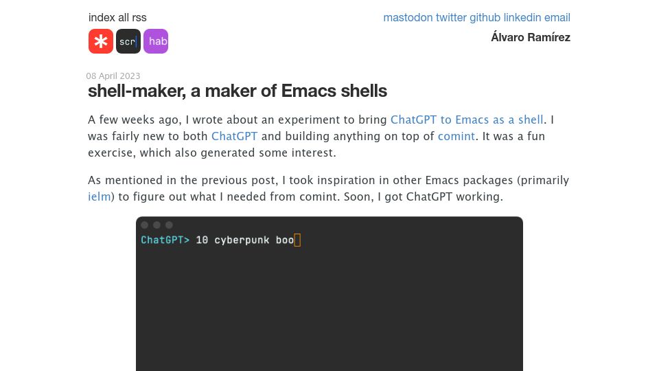 Screenshot of xenodium.com: Show HN: Shell-maker, a maker of Emacs shells
