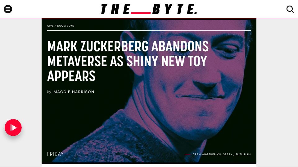 Screenshot of futurism.com: Mark Zuckerberg abandons metaverse as shiny new toy appears