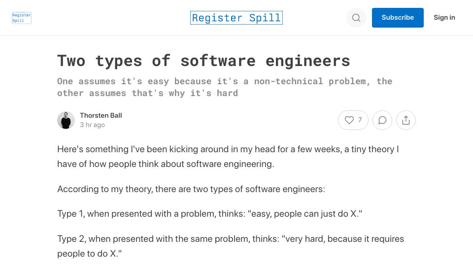 Screenshot of registerspill.thorstenball.com: Two types of software engineers