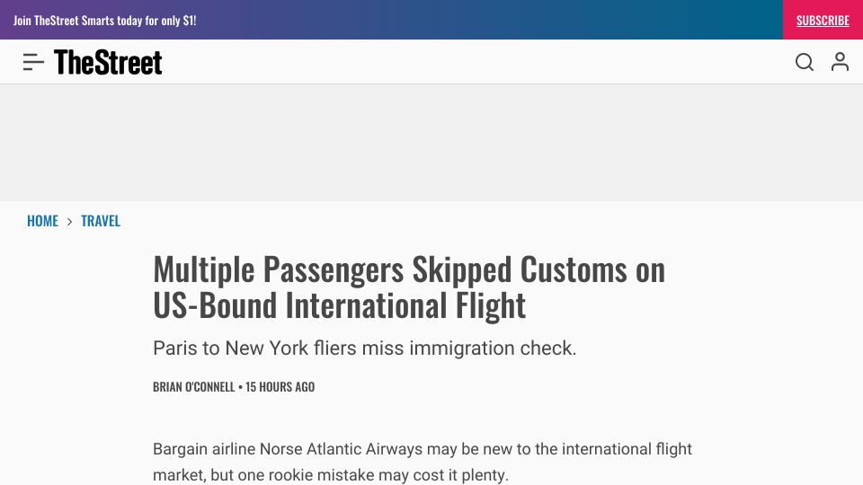 Screenshot of thestreet.com: Multiple Passengers Skipped Customs on US-Bound International Flight