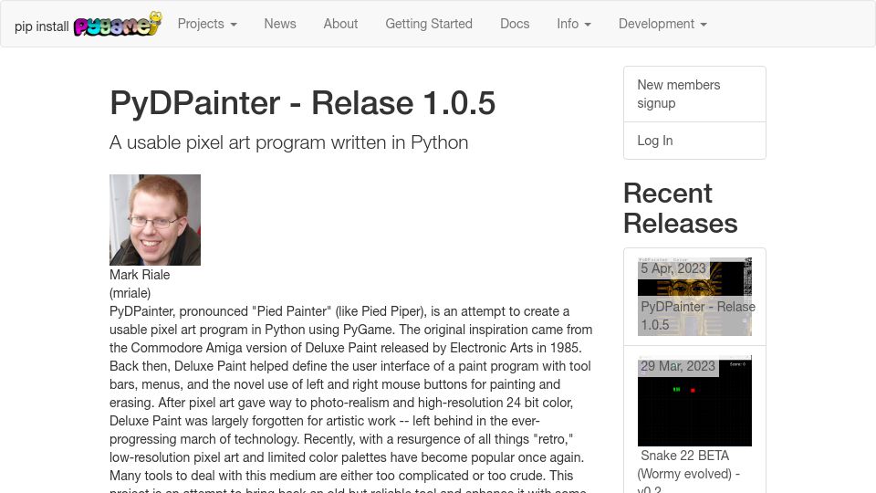 Screenshot of pygame.org: PyDPainter 1.0.5 – Amiga Deluxe Paint Clone Written in Python