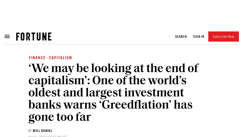 Screenshot of fortune.com: One of the world’s largest investment banks: ‘Greedflation’ has gone too far