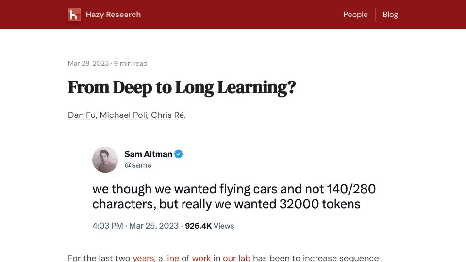 Screenshot of hazyresearch.stanford.edu: From deep to long learning?