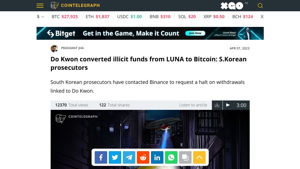 Screenshot of cointelegraph.com: Do Kwon converted illicit funds from LUNA to Bitcoin
