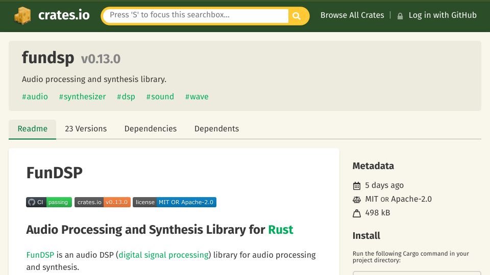 Screenshot of crates.io: FunDSP 0.13 – Audio Processing and Synthesis Library for Rust
