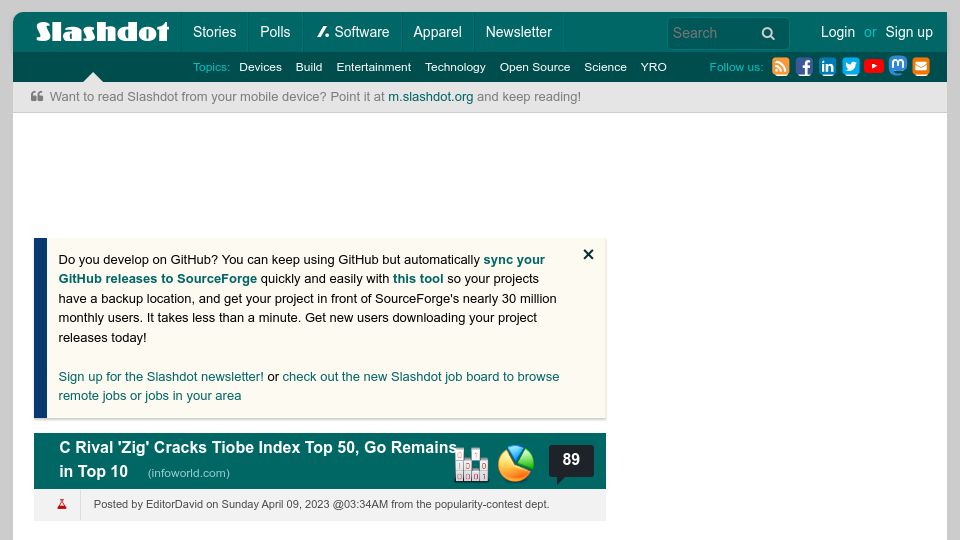 Screenshot of developers.slashdot.org: C Rival 'Zig' Cracks Tiobe Index Top