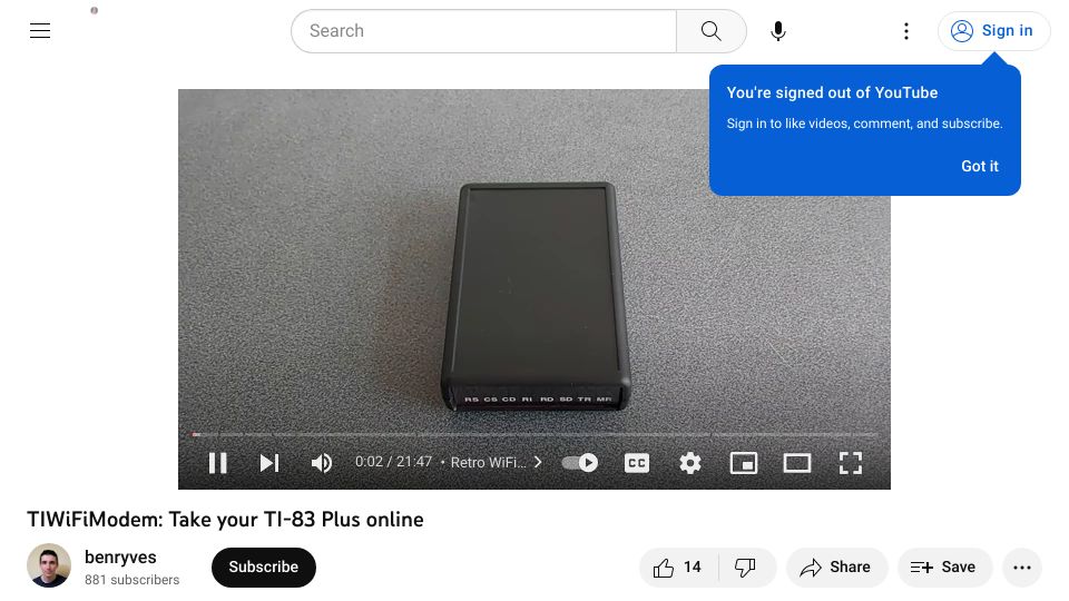Screenshot of youtube.com: TIWiFiModem: Take your TI-83 Plus online [video]