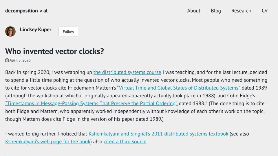 Screenshot of decomposition.al: Who invented vector clocks?