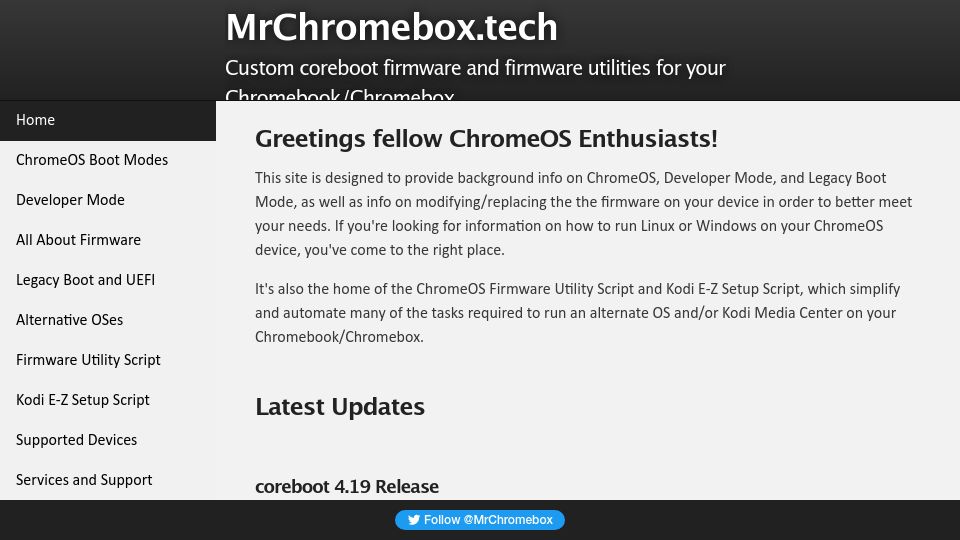 Screenshot of mrchromebox.tech: Custom coreboot firmware and firmware utilities for your Chromebook/Chromebox