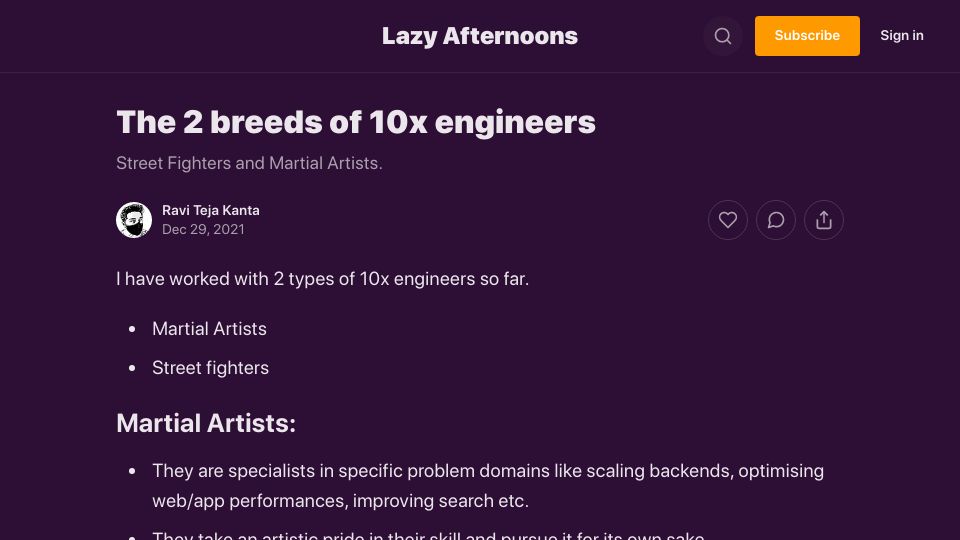 Screenshot of ravitejakanta.substack.com: Street fighting engineers vs. martial arts engineers