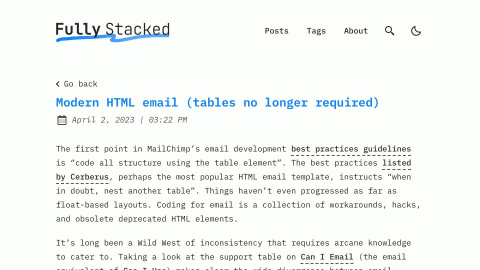 Screenshot of fullystacked.net: Tables no longer needed for HTML email