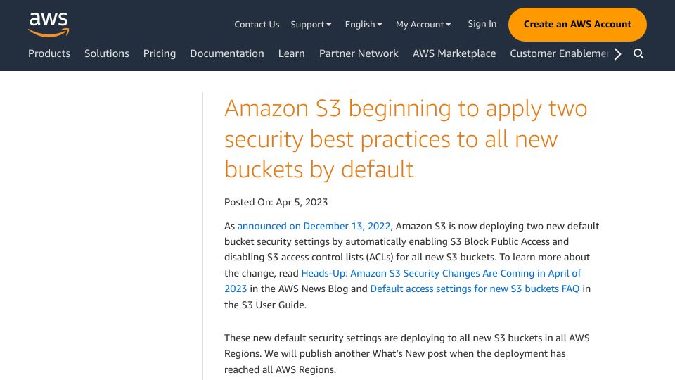 Screenshot of aws.amazon.com: AWS S3 beginning to apply 2 security best practices all new buckets by default
