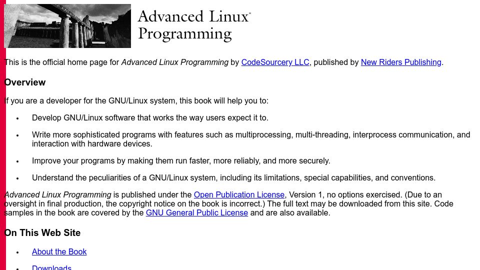 Screenshot of mentorembedded.github.io: Advanced Linux Programming (2001)