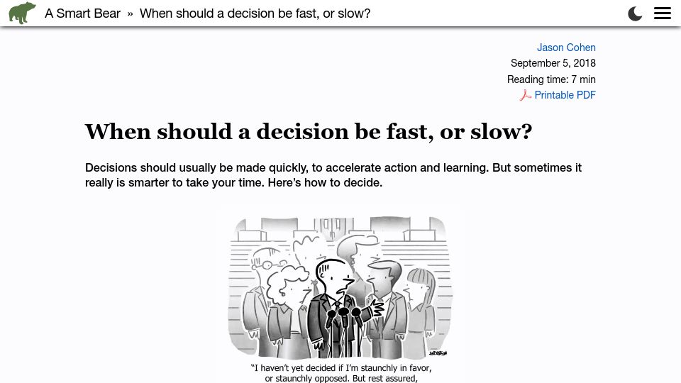 Screenshot of longform.asmartbear.com: When should a decision be fast, or slow?