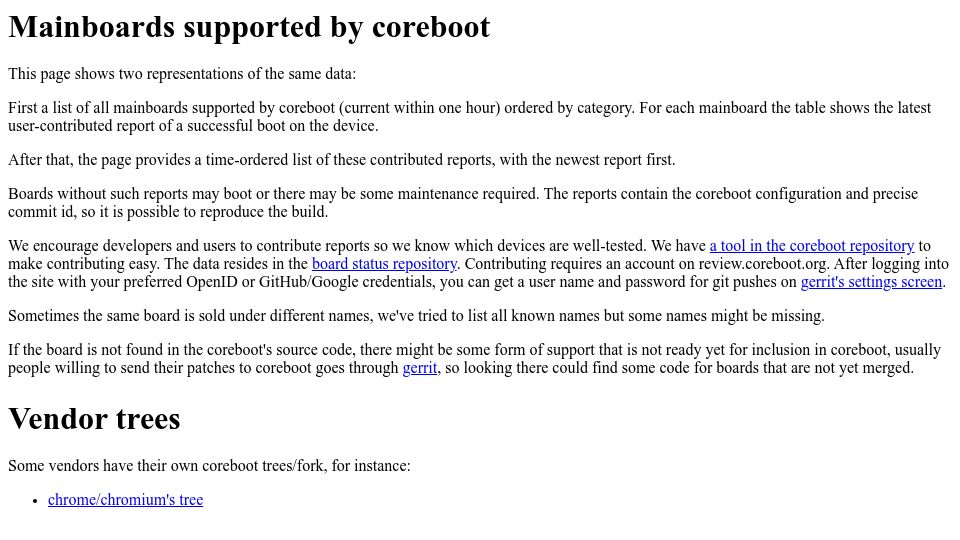 Screenshot of coreboot.org: Mainboards supported by coreboot