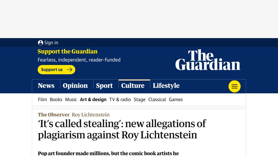 Screenshot of theguardian.com: ‘It’s called stealing’: new allegations of plagiarism against Roy Lichtenstein