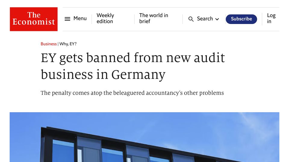Screenshot of economist.com: EY gets banned from new audit business in Germany
