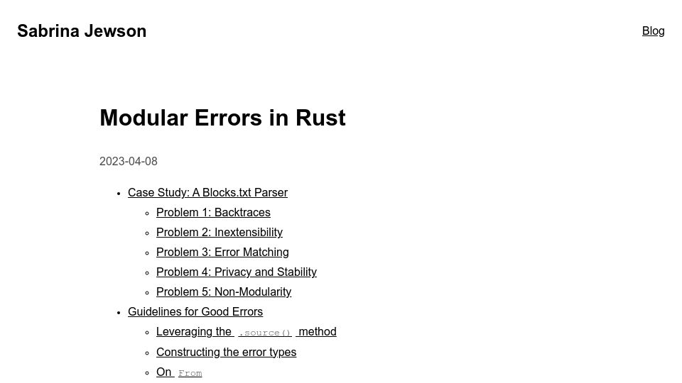 Screenshot of sabrinajewson.org: Modular Errors in Rust