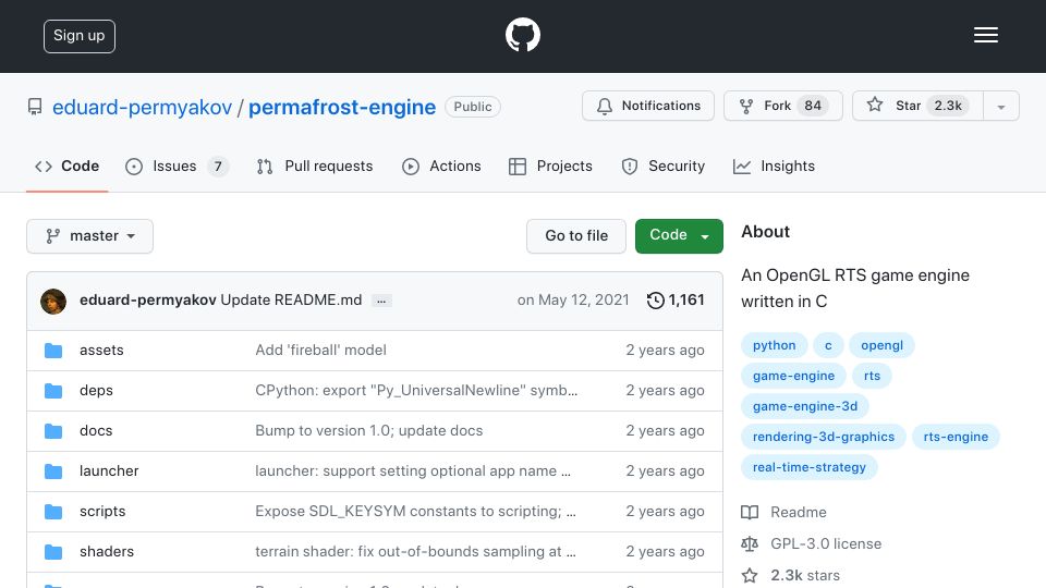 Screenshot of github.com: Permafrost engine – An OpenGL RTS game engine written in C