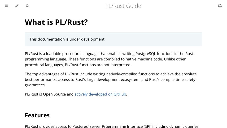 Screenshot of tcdi.github.io: PL/Rust 1.0: now a trusted language for Postgres