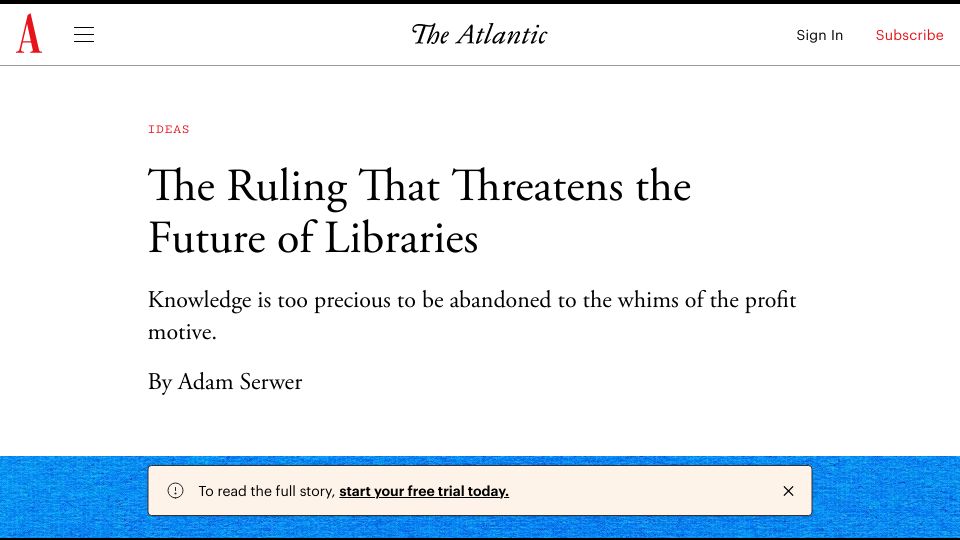 Screenshot of theatlantic.com: The Ruling That Threatens the Future of Libraries