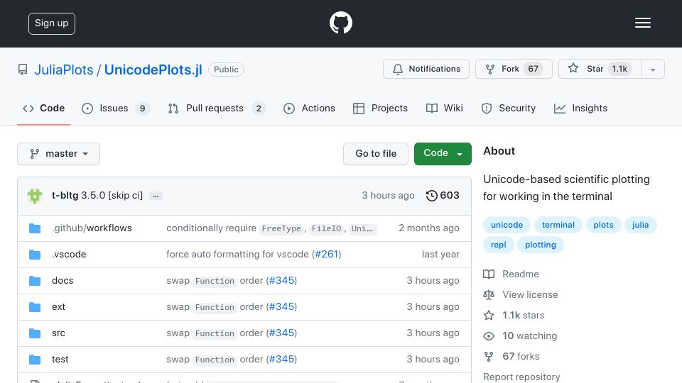 Screenshot of github.com: UnicodePlots