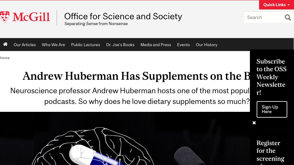 Screenshot of mcgill.ca: Andrew Huberman Has Supplements on the Brain