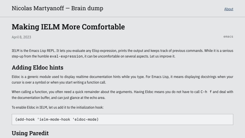 Screenshot of n16f.net: Making IELM (Emacs Lisp REPL) More Comfortable