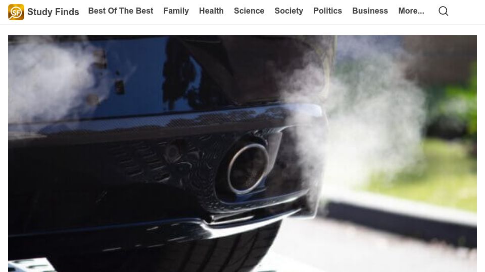Screenshot of studyfinds.org: Car exhaust filters fail to clean up ‘ultrafine’ air pollution