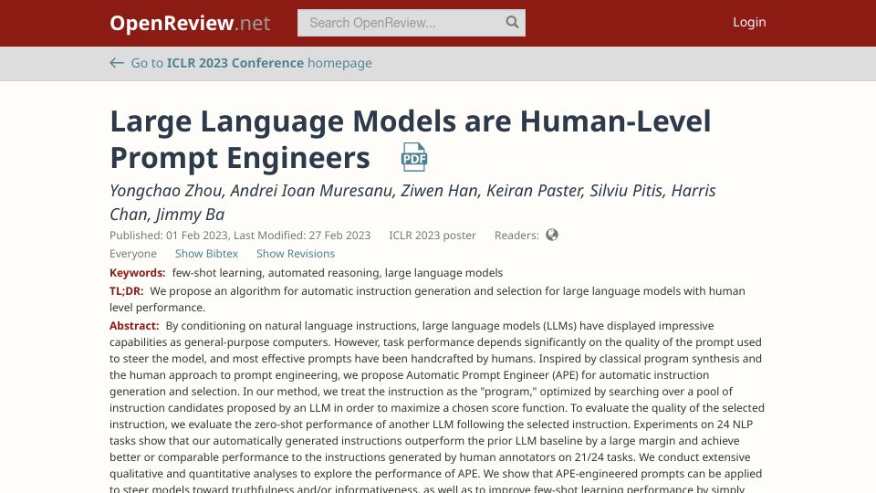 Screenshot of openreview.net: Large Language Models Are Human-Level Prompt Engineers