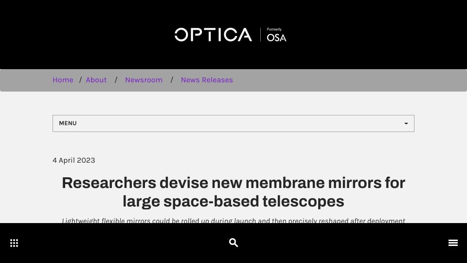 Screenshot of optica.org: Flexible membrane mirrors for large space-based telescopes