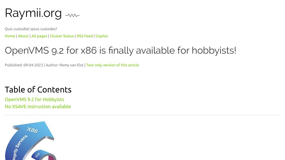 Screenshot of raymii.org: OpenVMS 9.2 for x86 is finally available for hobbyists