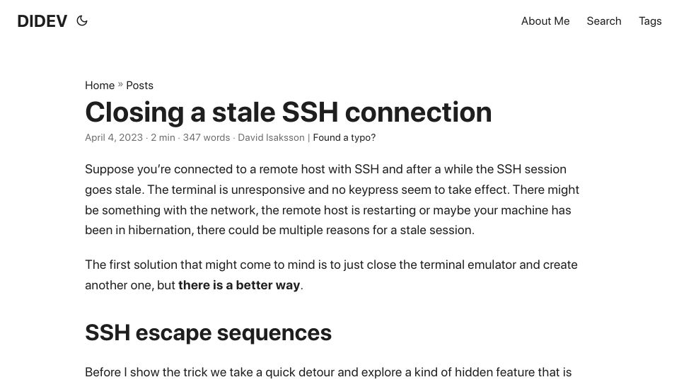 Screenshot of davidisaksson.dev: Closing a stale SSH connection