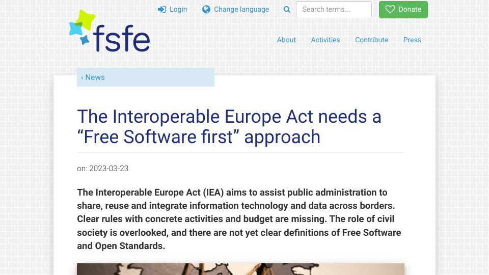 Screenshot of fsfe.org: The Interoperable Europe Act Needs a “Free Software First” Approach