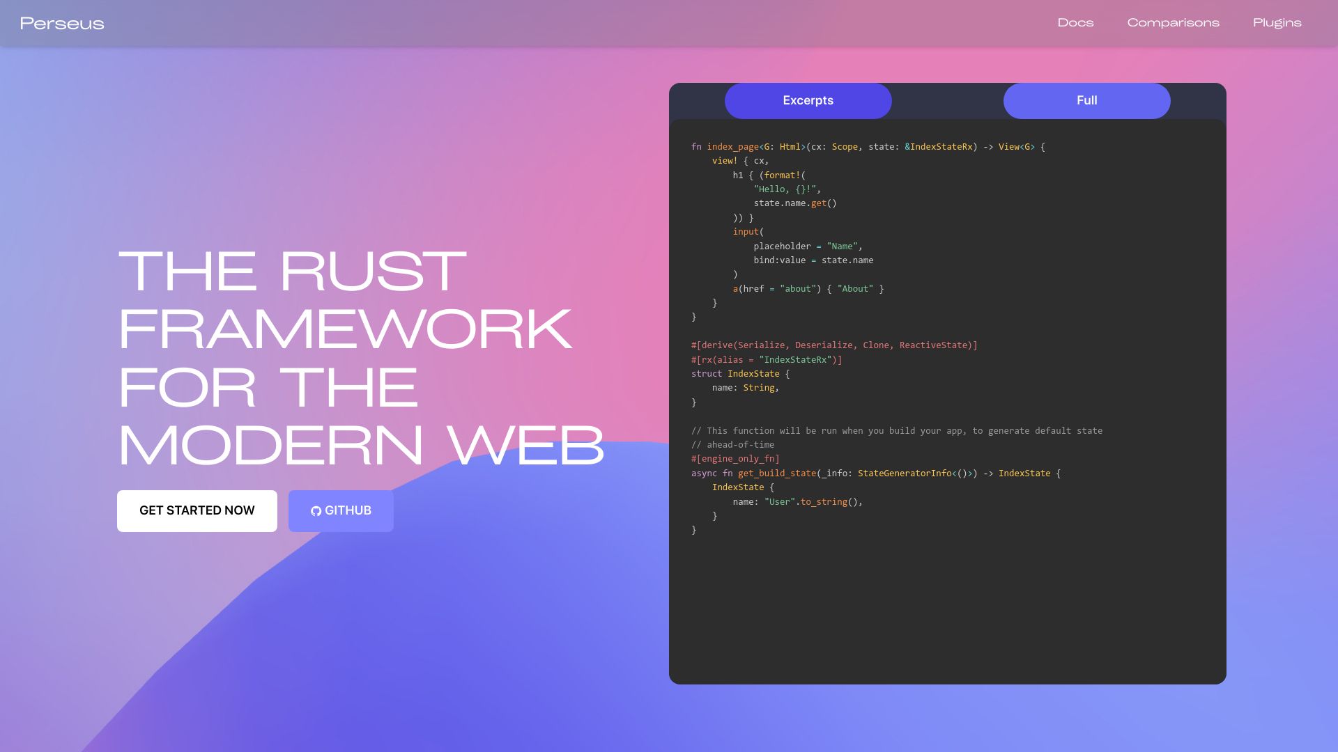 Screenshot of framesurge.sh: Perseus – NextJS alternative in Rust