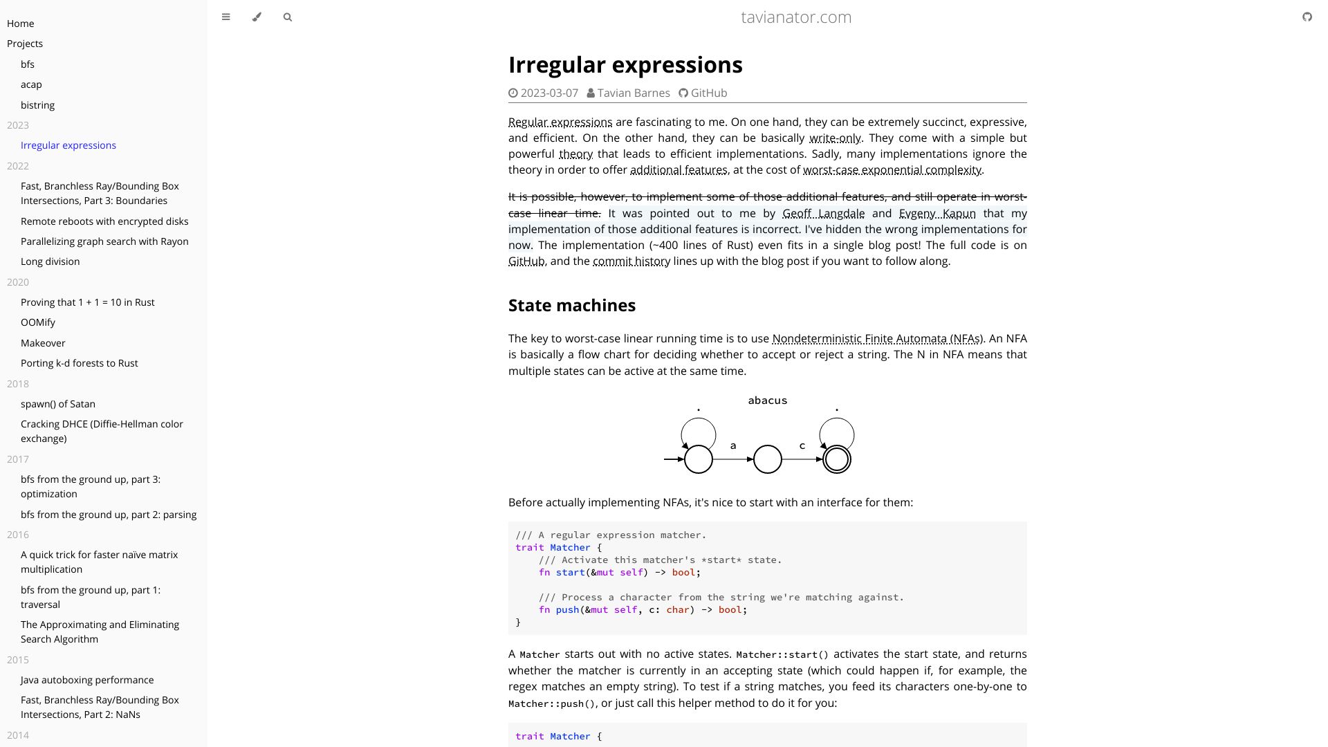 Screenshot of tavianator.com: Irregular Expressions