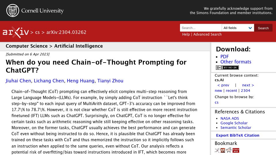 Screenshot of arxiv.org: When do you need chain-of-thought prompting for ChatGPT?